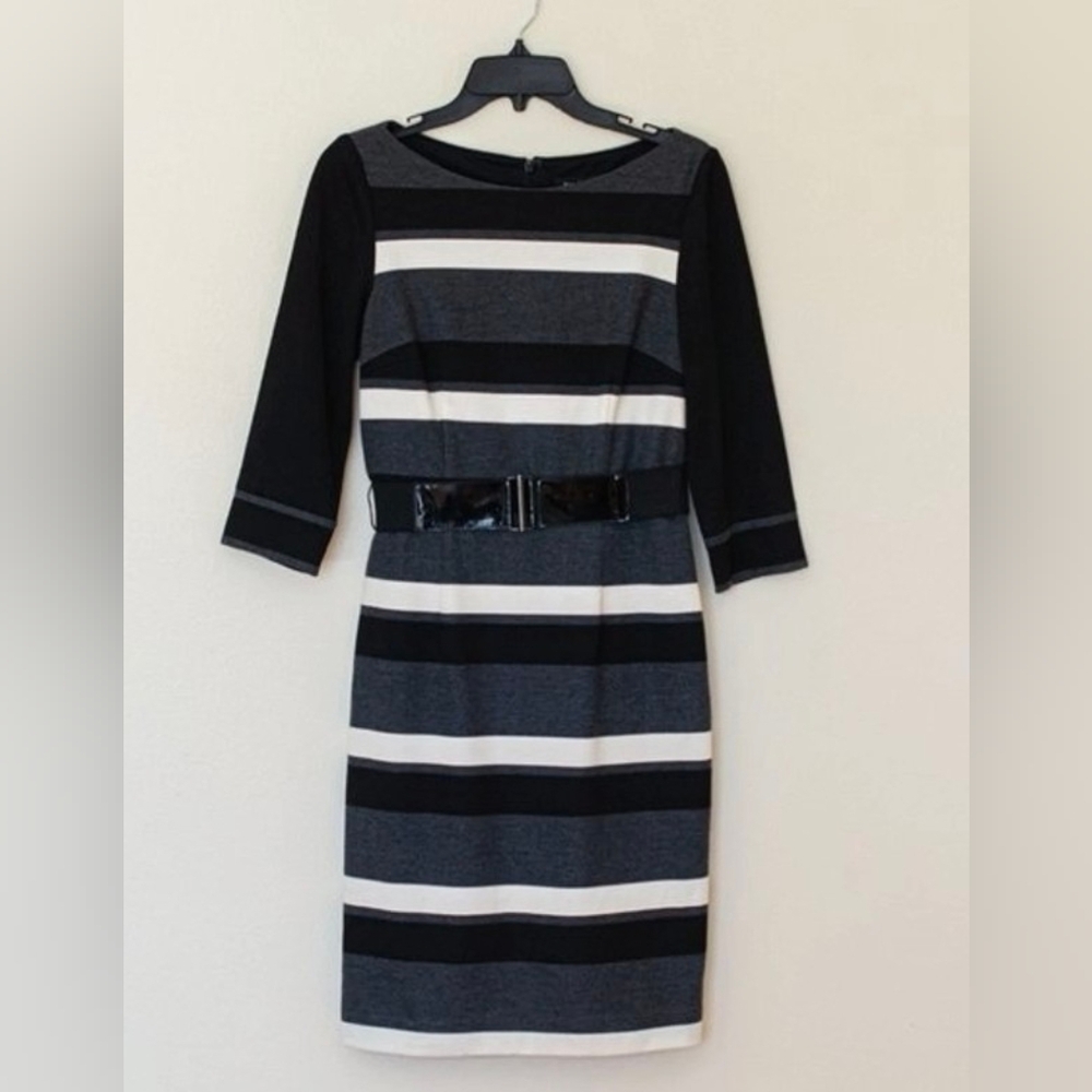 White House Black Market Black, Gray & White Striped Sheath Dress Sz. 0